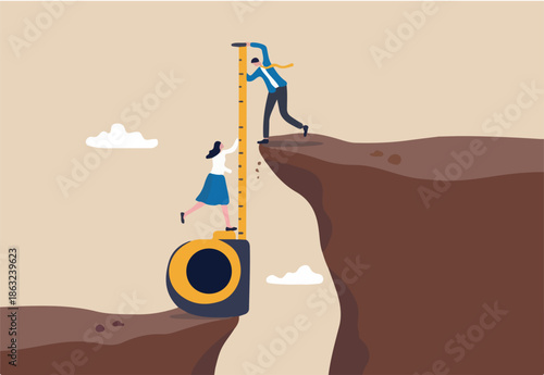 Gap analysis, measuring resources and strategy to reach target, comparison between current state, challenge and obstacle to overcome to success concept, business people measuring gap between cliff.