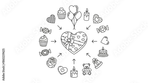 Sweet Surrounds: A collection of heart-shaped chocolates, a teddy bear, cupcakes, balloons, and candies in a delicate illustration, perfect for celebrating moments of affection. 