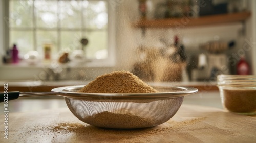tennessine. Flour sifting through mesh sieve into bowl on kitchen counter. menu design, packaging mockups, designed for food delivery and cloud-kitchen brand materials, simplifies recipe learning.
