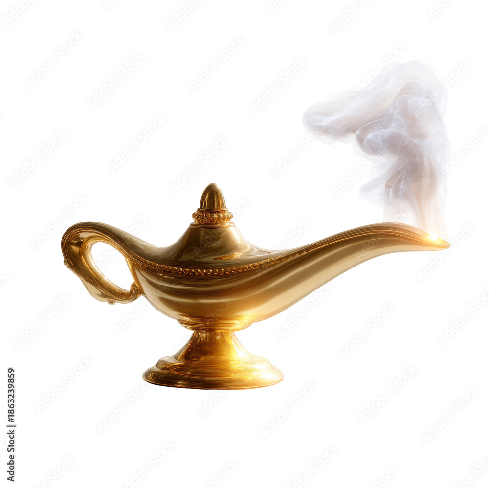 Fototapeta premium Golden genie lamp with emerging magical smoke on black background