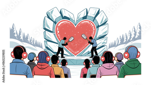 Love Story on Ice: Illustrative artwork captures the heartwarming tale of love through a dramatic stage performance, set against a backdrop of frozen hearts, where actors express a tale.