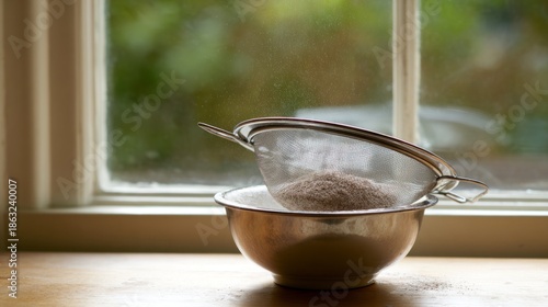 tennessine. Flour sifting through mesh sieve into bowl on kitchen counter. menu design, packaging mockups, designed for food delivery and cloud-kitchen brand materials, simplifies recipe learning.
