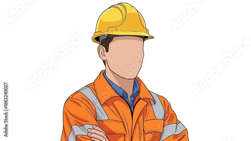 vector hd no face and isolated Construction worker in bright orange safety jacket and helmet. 