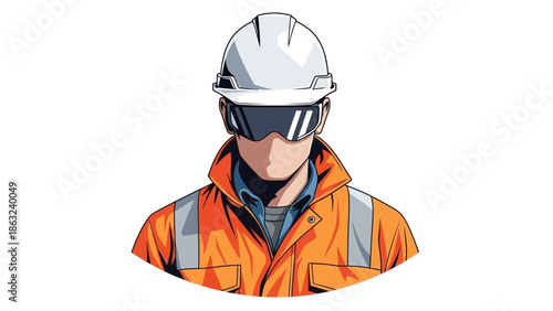 vector hd no face and isolated Construction worker in bright orange safety jacket and helmet. 
