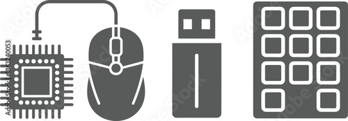 A collection of computer hardware icons including a mouse chip flash drive and keyboard on transparent background high-quality professional detailed