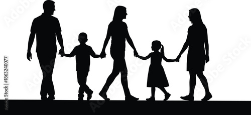 Silhouette illustration of happy family walking together holding hands including parents and children showing love unity and togetherness concept