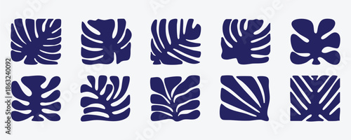 Abstract indigo tropical foliage illustrations. versatile set for various decorative graphic applications. silhouette vector style with white background