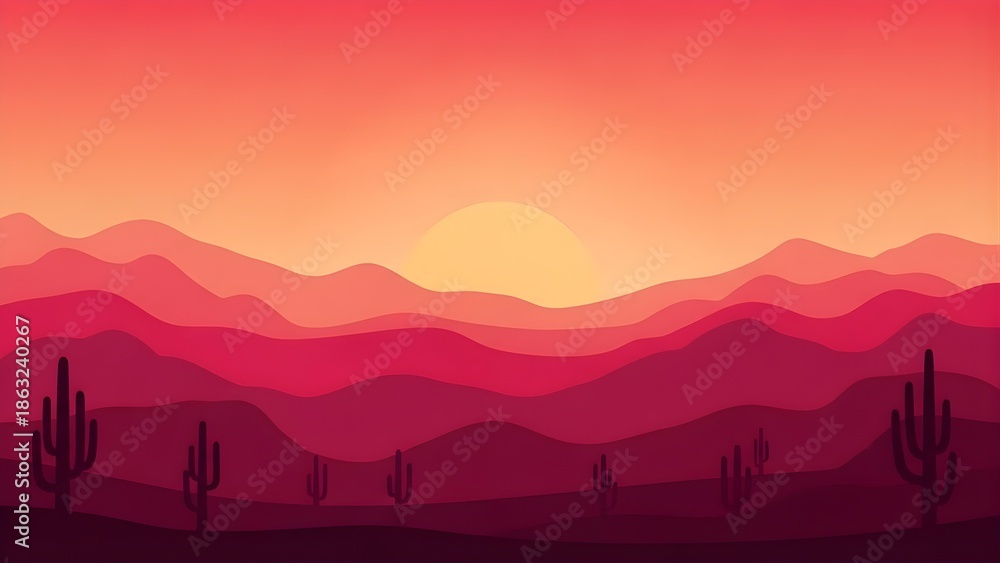 Fototapeta premium Minimalist Pink Desert Sunset Illustration with Saguaro Cactus and Layered Mountain Silhouettes, Vector Landscape for Travel Background and Banner Design.