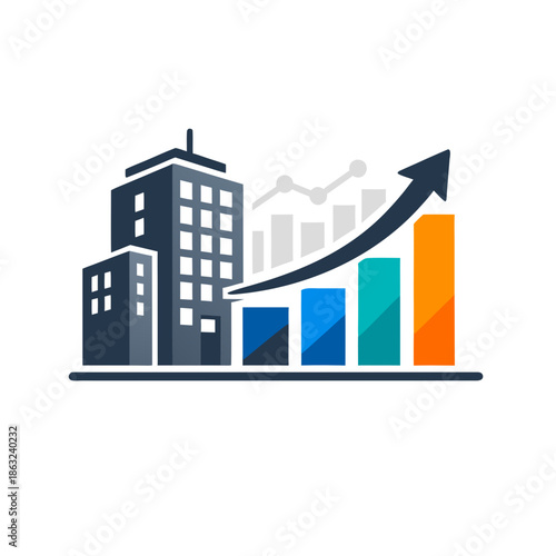 Real Estate Urban Growth with Buildings Chart Icon
