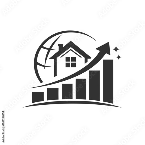 Global Real Estate Growth Icon with House and Rising Chart