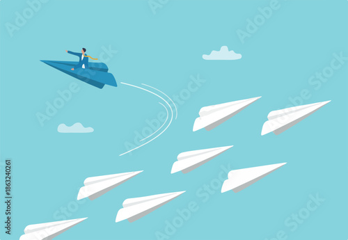 Change career path or difference direction, leadership or individual freedom to choose own way to success, courage to see opportunity concept, businessman flying origami airplane change direction