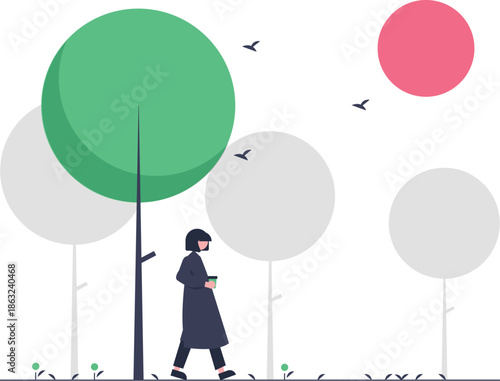 A minimalistic illustration depicts a person walking outdoors enjoying a leisurely stroll in a peaceful environment suggesting freedom