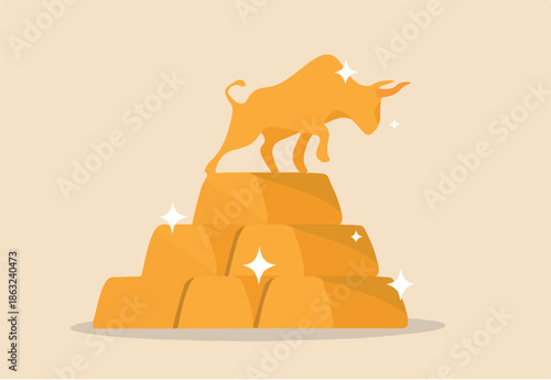 Gold investment bull market, safe haven in financial crisis or gold price rising up as investor run a concept, shiny bull statue on stack of bullion gold bar, ingot treasure.