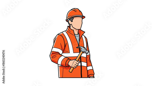 vector hd no face and isolated Construction worker in bright orange safety jacket and helmet. 