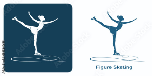 Silhouette of Elegant Figure Skater performing graceful Arabesque Spiral on ice rink with skate tracks. Two color, black blue and white.Girl in dynamic pose. Beauty and balance of winter sports.