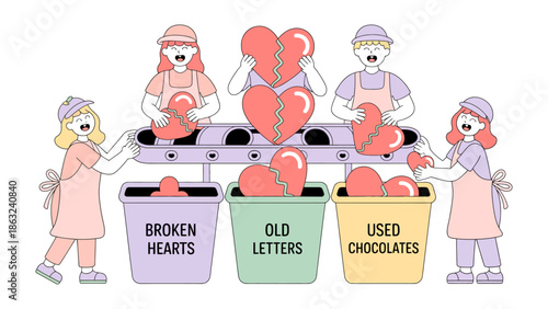 Factory of Heartbreak: In a whimsical illustration, workers at a love-themed factory sort broken hearts, old letters, and used chocolates into separate bins.