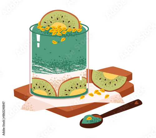 Kiwi Chia Pudding Dessert Illustration on Wooden Board. Glass filled with layered chia pudding and kiwi slices. Healthy breakfast flat illustration.