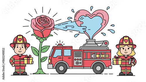 Firefighter's Valentine: A heartwarming illustration features two dedicated firefighters, alongside a vibrant fire engine that uses water to create a heart.