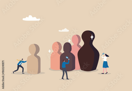 HR, human resources choose candidate to fit in job or career vacancy, diversity, people management or searching for best employee concept, business people human resources team looking at people dolls