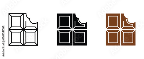 chocolate bar icon set vector on white background, a top ranked collection of sweet dessert symbols featuring bite marks, simple graphic design, and versatile illustration for digital and print use.