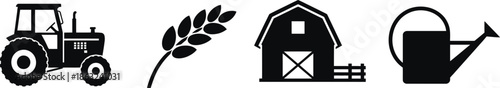 A collection of farming icons including a tractor wheat barn and watering can on transparent background high-quality professional detailed modern

