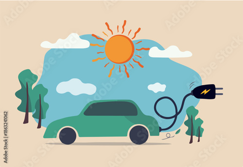 EV, Electric car clean energy environment friendly or hi technology using reusable solar power to fuel battery car concept, Electric car with power cable and electric plug with nature tree and sun