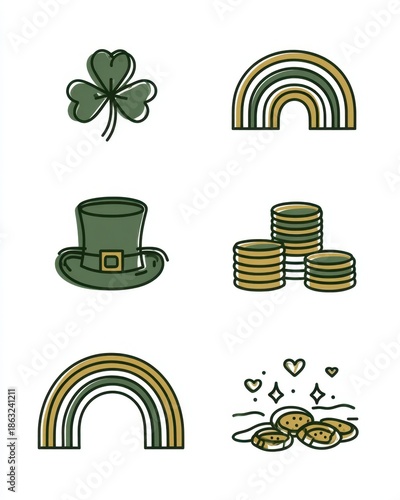 St Patrick’s Day Icon Set with Shamrock, Leprechaun Hat and Gold