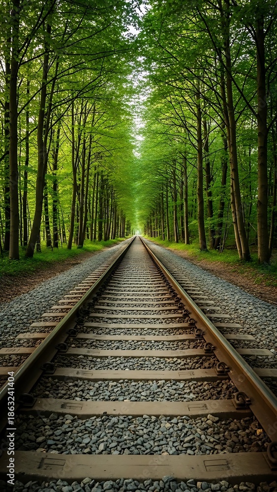 Obraz premium Straight Railway Tracks Disappearing into a Lush Green Forest Tunnel with Low Angle Perspective