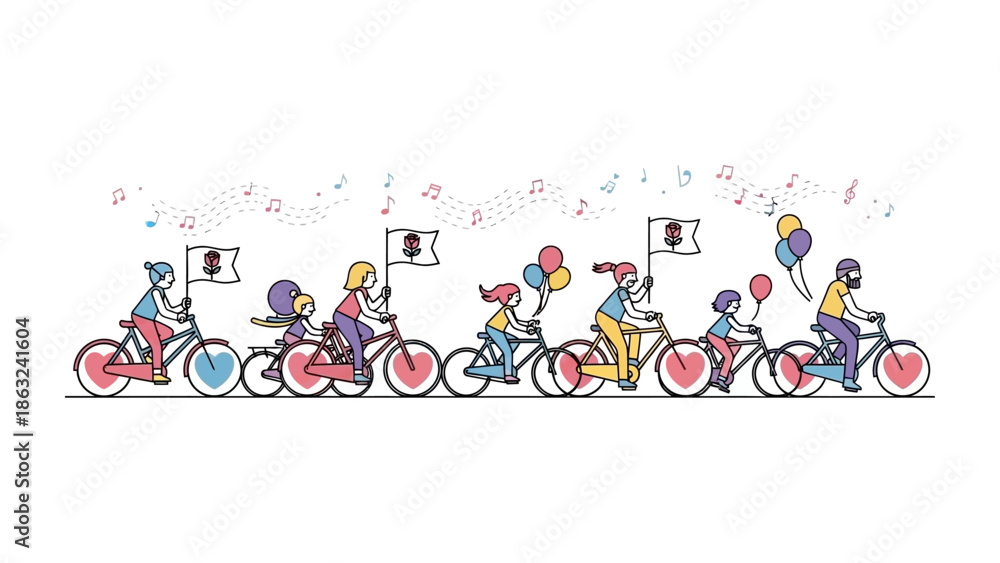 Obraz premium Cycling Parade: A joyous procession of individuals riding bicycles, their flags waving and colorful balloons adding to the festive atmosphere. A collective sense of freedom, community.
