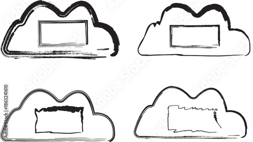 Collection of hand drawn cloud speech bubble frames with rectangular center on white background Option 2: Set of four black ink brush stroke cloud icons with empty box for text placement Option 3: Min