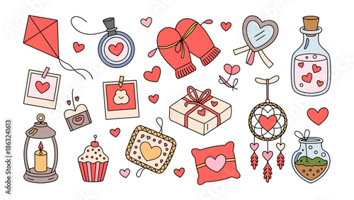 Valentine's Day Collection: A curated collection of Valentine's Day elements that evokes warmth and love, including various lovely items, such as a kite, a perfume bottle, mittens.