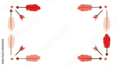 Ornamental Frame Design: A creative composition, a frame is beautifully created with feathers, arrows and love hearts. This image is all about the elegant arrangement.