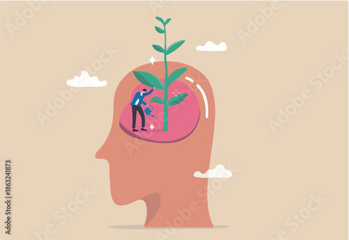 Growth mindset, personal development or improvement, training to believe to success, motivation or coaching, growing attitude concept, man watering on plantation seedling growing from head brain.