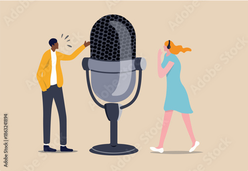 Podcast in episodic series of digital audio records broadcast or streaming via internet for easy listeners, professional podcasters man and woman talk with big podcast microphone and wearing headphone