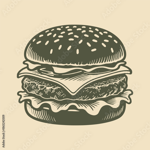 Classic cheeseburger with lettuce, cheese, and tomato in vintage hand-drawn style on beige background, concept of fast food and retro dining