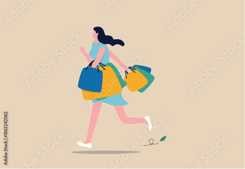 Shopping at retail store, happiness and joyful of buying discount stuff, shopaholic or fashionable concept, stylish cheerful lady woman walking and carrying lot of shopping bags.
