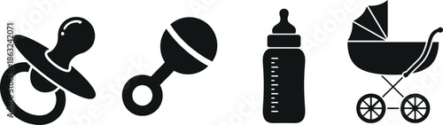 A set of four simple black silhouette icons depicting baby items including a pacifier rattle bottle and stroller on transparent