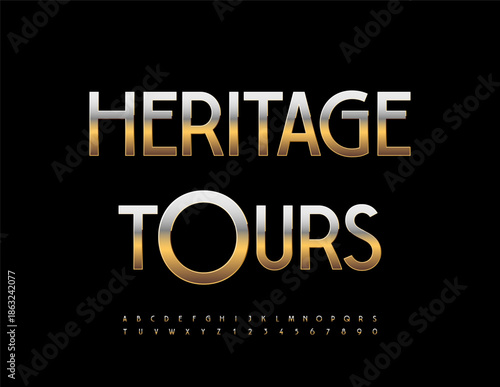 Vector Luxury logotype Heritage Tour. Elegant Gold Font. Premium set of Elite Alphabet Letters and Numbers