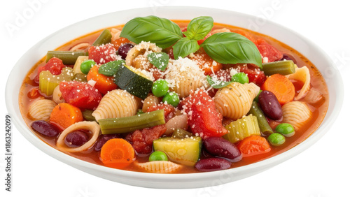 Hearty vegetable pasta soup with basil and cheese isolated on transparent background
