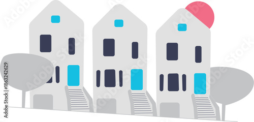 A charming illustration depicts a quaint small town scene with colorful buildings and a peaceful atmosphere evoking a sense of community