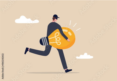 Stealing idea or plagiarism, piracy on intellectual property or infringement concept, thief man in black running with light bulb idea steal from other owner
