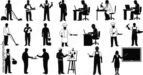 Silhouettes of diverse professions including chef, doctor, engineer, cleaner, artist, and teacher representing different occupations and teamwork concept illustration