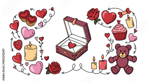 Valentine's Day Elements: A collection of charming elements is artfully arranged, encompassing symbolic tokens like hearts, roses, sweets, and candles, celebrating the season of affection.
