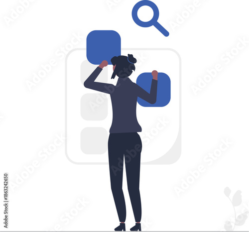 A minimalist vector illustration depicts a person diligently searching with a magnifying glass embodying the concept of exploration and discovery