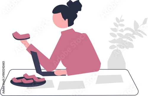 A colorful illustration depicts a person enjoying snacks at their office workspace promoting a positive and relaxed work environment