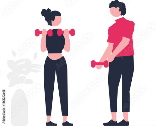 A digital illustration depicts a determined personal trainer assisting a client during an intense workout session promoting fitness and wellness
