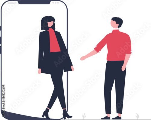 A vibrant illustration depicts interconnected people working collaboratively on laptops symbolizing global digital connection and remote teamwork high quality