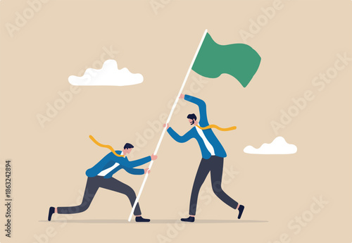 Team achievement, business challenge and victory or winner reaching goal and target concept, businessmen people teamwork or partnership helping raising winning flag.