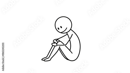 Stick Figure Man Sitting Calmly with Knees Bent and Arms Wrapped Around Legs, Showing Contentment or Quiet Reflection on Isolated White Background.