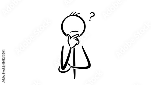 Stick Figure Man with a Question Mark Above His Head, Deep in Thought with Hand on Chin, Depicting Confusion or Problem Solving on Isolated White Background.